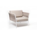 Касабланка кресло плетеное из роупа, каркас алюминий белый муар, роуп бежевый 20мм, ткань бежевая 052