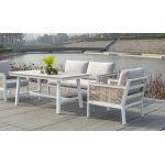 Сан Ремо кресло плетеное из роупа садовое, каркас алюминий белый, роуп бежевый, ткань бежевая