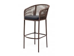 Марсель стул барный плетеный из роупа, каркас из стали коричневый (RAL8016) муар, роуп коричневый круглый, ткань темно-серая 027