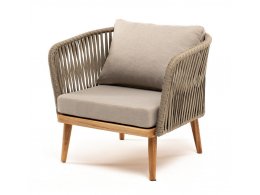 Мальорка кресло плетеное из роупа, основание дуб, роуп серо-коричневый 23мм, ткань бежевая 052