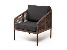 Канны кресло плетеное из роупа, каркас алюминий коричневый (RAL8016) муар, роуп коричневый круглый, ткань темно-серая 027