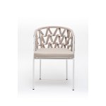 Диего стул плетеный из роупа, каркас из стали белый муар, роуп бежевый круглый, ткань бежевая 052