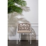 Диего стул плетеный из роупа, каркас из стали белый муар, роуп бежевый круглый, ткань бежевая 052