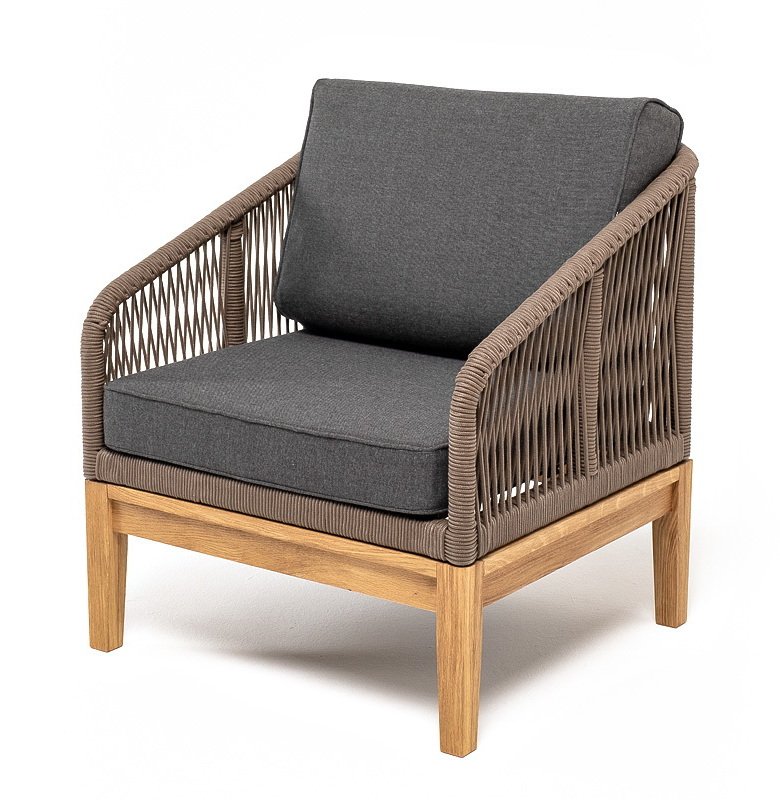 Канны кресло плетеное из роупа, основание дуб, роуп коричневый круглый, ткань темно-серая 027