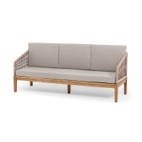 "Канны" диван 3-местный плетеный из роупа, основание дуб, роуп коричневый круглый, ткань бежевая