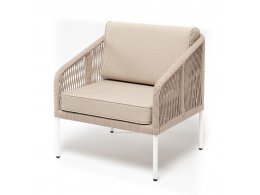 "Канны" кресло плетеное из роупа, каркас алюминий белый, муар, роуп бежевый круглый, ткань бежевая 052 "Канны" кресло плетеное из роупа, каркас алюминий белый, муар, роуп бежевый круглый, ткань бежевая 052