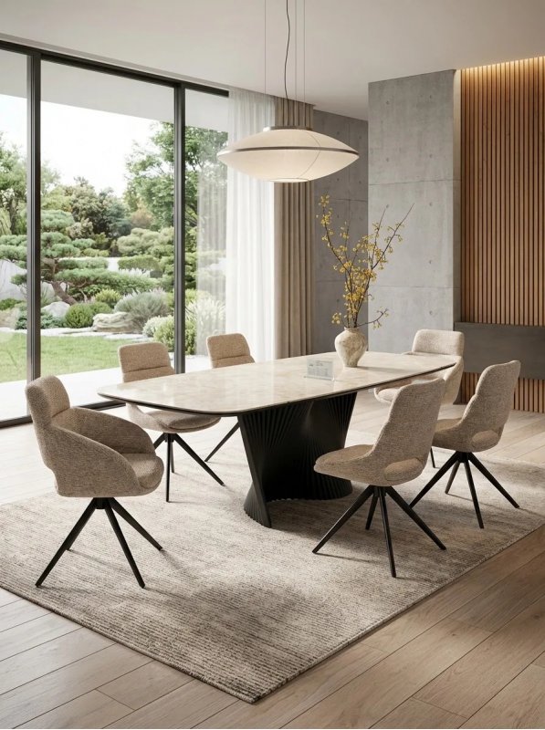 Стол ЛАВА (LAVA) 200 БЕЖЕВЫЙ МРАМОР TL-616, испанская керамика / Черный каркас, ®DISAUR