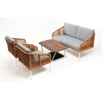 "Канны" лаунж-зона 4-местная из роупа со столом "Глория" цвет "дуб", каркас алюминиевый белый, роуп оранжевый меланж