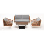 "Канны" лаунж-зона 4-местная из роупа со столом "Глория" цвет "дуб", каркас алюминиевый белый, роуп оранжевый меланж