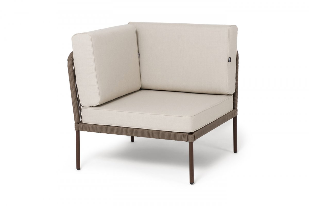 "Канны" угловой модуль плетеный из роупа, каркас алюминий коричневый (RAL8016) муар, роуп коричневый круглый, ткань бежевая 15052