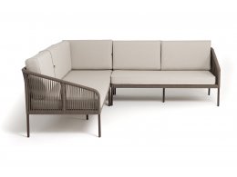 "Канны" диван модульный плетеный из роупа, каркас алюминий коричневый (RAL8016) муар, роуп коричневый круглый, ткань бежевая 15052