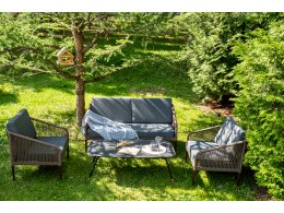 "Канны" лаунж-зона 4-местная из роупа со столом "Верона" (серый гранит), каркас алюминиевый коричневый, роуп коричневый