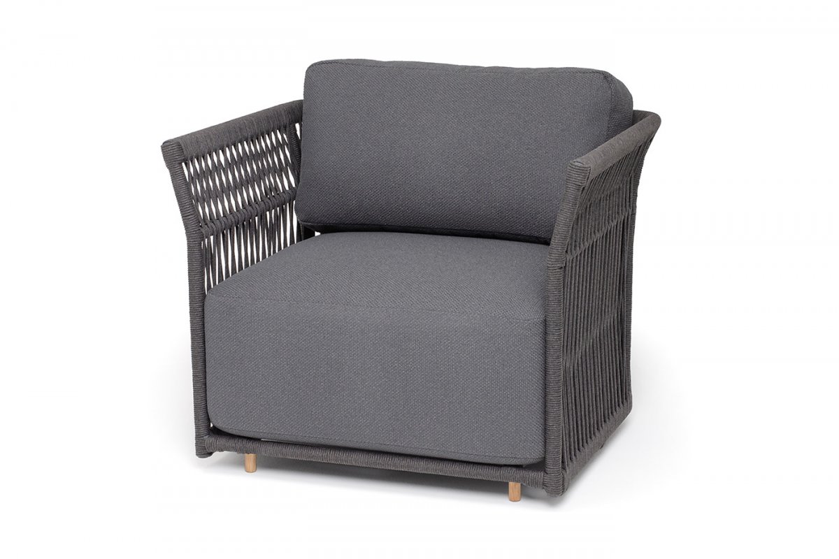 "Лугано" кресло плетеное из роупа, каркас алюминий темно-серый (RAL7024) муар, роуп темно-серый круглый, ткань темно-серая YB25-0027