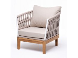 "Диего" кресло плетеное из роупа, основание дуб, каркас алюминий белый муар, роуп бежевый круглый, ткань бежевая 035 "Диего" кресло плетеное из роупа, основание дуб, каркас алюминий белый муар, роуп бежевый круглый, ткань бежевая 035