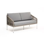 "Канны" диван 2-местный плетеный из роупа, каркас алюминий светло-серый (RAL7035) шагрень, роуп серый меланж круглый, ткань серая 017