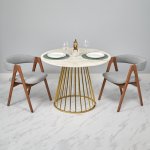 Стол Liverpool диам.100см, керамогранит белый мрамор с золотистыми ножками