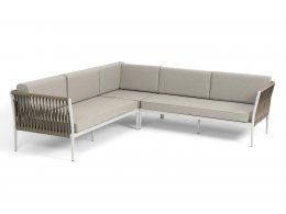 "Касабланка" диван модульный плетеный из роупа, каркас алюминий, роуп серо-коричневый 23мм, ткань бежевая 15052
