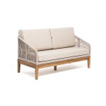 "Канны" диван 2-местный плетеный из роупа, основание дуб, роуп бежевый круглый, ткань бежевая 15052