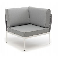 "Канны" угловой модуль плетеный из роупа, каркас алюминий белый муар, роуп светло-серый круглый, ткань светло-серая