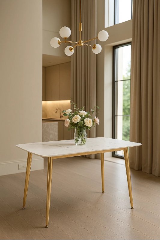Стол обеденный Рио Голд DT-2849, 120х80х76 см, белый мрамор Статуарио/глянцевое золото