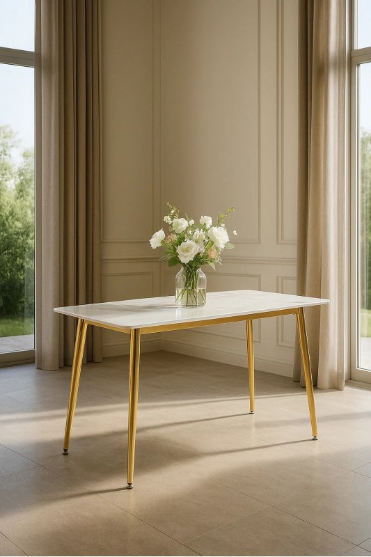 Стол обеденный Рио Голд DT-2849, 140х80х76 см, белый мрамор Статуарио/глянцевое золото Стол обеденный Рио Голд DT-2849, 140х80х76 см, белый мрамор Статуарио/глянцевое золото