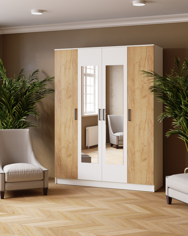 Шкаф комбинированный Ларс (1,6) с зеркалом белый/дуб крафт золотой