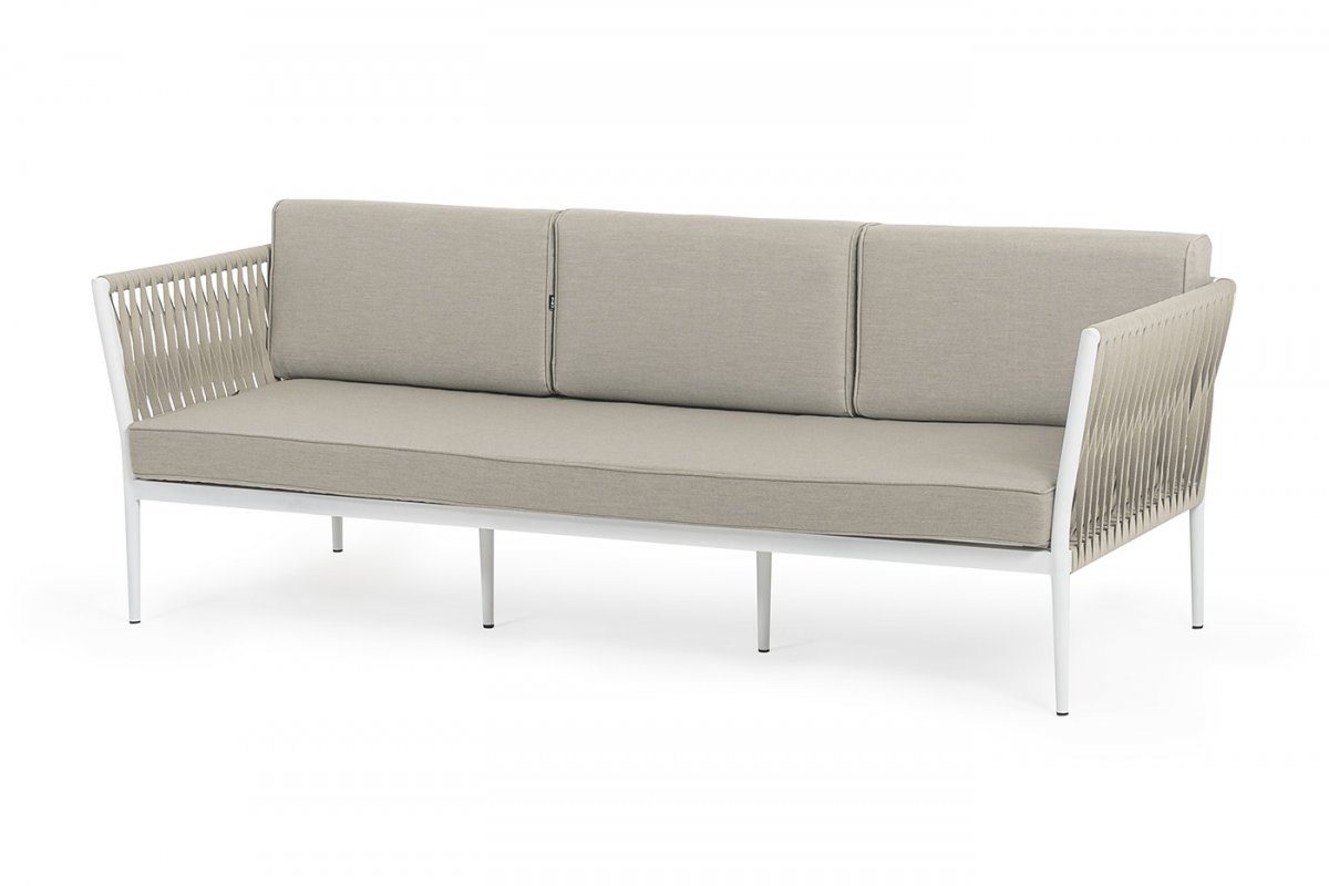 "Касабланка" диван 3-местный плетеный из роупа, каркас алюминий белый муар, роуп бежевый 20мм, ткань бежевая 15052 "Касабланка" диван 3-местный плетеный из роупа, каркас алюминий белый муар, роуп бежевый 20мм, ткань бежевая 15052