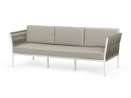 "Касабланка" диван 3-местный плетеный из роупа, каркас алюминий светло-серый (RAL7035) муар, роуп серо-коричневый 23мм, ткань бежевая 15052