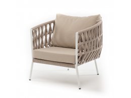 "Диего" кресло плетеное из роупа, каркас алюминий белый муар, роуп бежевый круглый, ткань бежевая 052 "Диего" кресло плетеное из роупа, каркас алюминий белый муар, роуп бежевый круглый, ткань бежевая 052