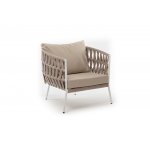 "Диего" кресло плетеное из роупа, каркас алюминий белый муар, роуп бежевый круглый, ткань бежевая 052