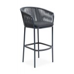 "Бордо" стул барный плетеный из роупа, каркас из стали темно-серый (RAL7024) муар, роуп серый 15мм, ткань темно-серая 027