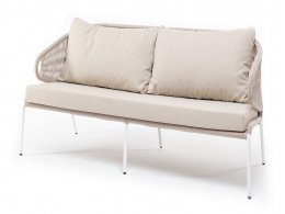 "Милан" диван 2-местный плетеный из роупа, каркас алюминий белый муар, роуп бежевый круглый, ткань бежевая 052
