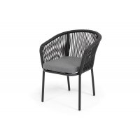 "Марсель" стул плетеный из роупа, каркас алюминий черный муар, роуп темно-серый круглый, ткань темно-серая 027