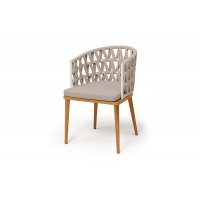 "Диего" стул плетеный из роупа, основание дуб каркас из стали белый муар, роуп бежевый круглый, ткань бежевая 052