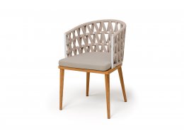 "Диего" стул плетеный из роупа, основание дуб каркас из стали белый муар, роуп бежевый круглый, ткань бежевая 052