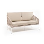 "Канны" диван 2-местный плетеный из роупа, каркас алюминий белый муар, роуп бежевый круглый, ткань бежевая 15052