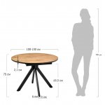 Стол Rudolf круглый раскладной 100-130x100x75см, Дуб Вотан, чёрный