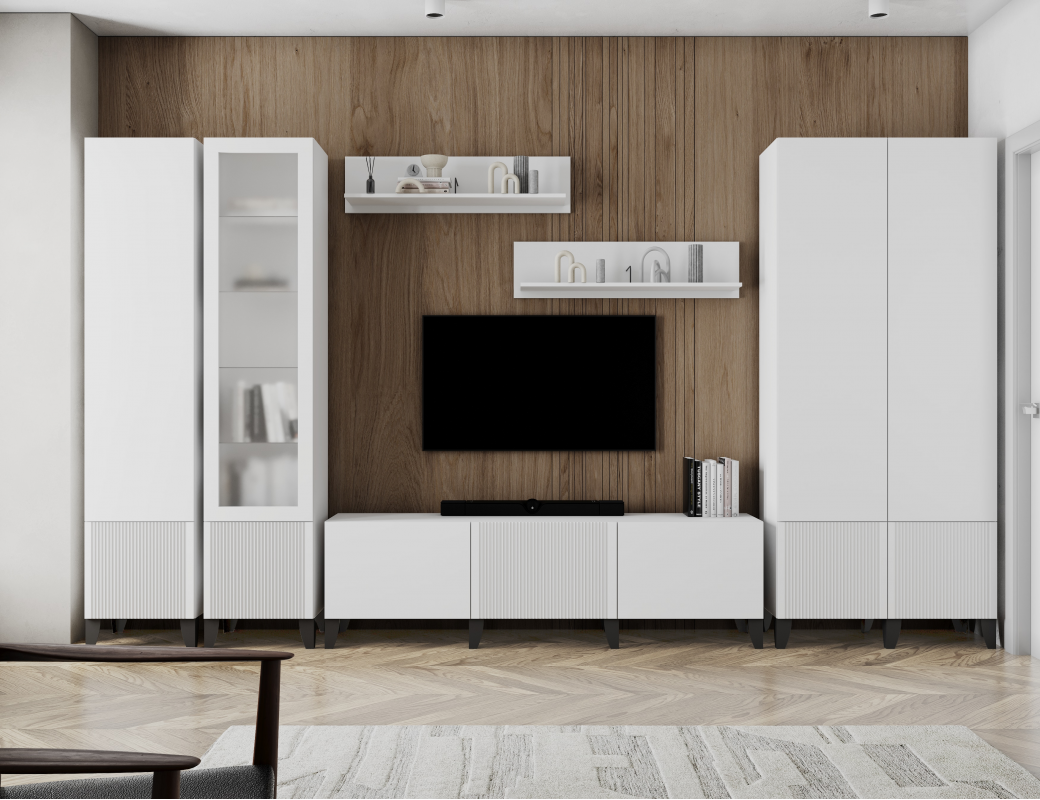 Набор Гостиная Рея Тумба ТВ напольная РГТ+Опоры для РГТ (белый/белый снег)