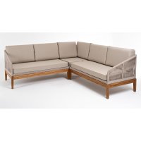 "Канны" диван модульный плетеный из роупа, основание дуб, роуп бежевый круглый, ткань бежевая 15052