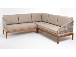 "Канны" диван модульный плетеный из роупа, основание дуб, роуп бежевый круглый, ткань бежевая 15052