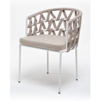 "Диего" стул плетеный из роупа, каркас из стали белый муар, роуп бежевый круглый, ткань бежевая 035