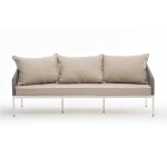 "Канны" диван 3-местный плетеный из роупа, каркас алюминий белый муар, роуп светло-серый круглый, ткань бежевая 15052