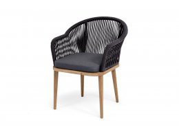 "Лион" стул плетеный из роупа, основание дуб, роуп темно-серый круглый, ткань темно-серая 027