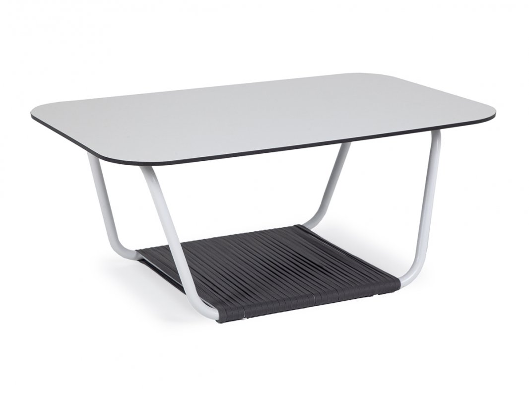 "Гранада" журнальный стол 90х60см из HPL, цвет "молочный", каркас белый муар, роуп темно-серый круглый